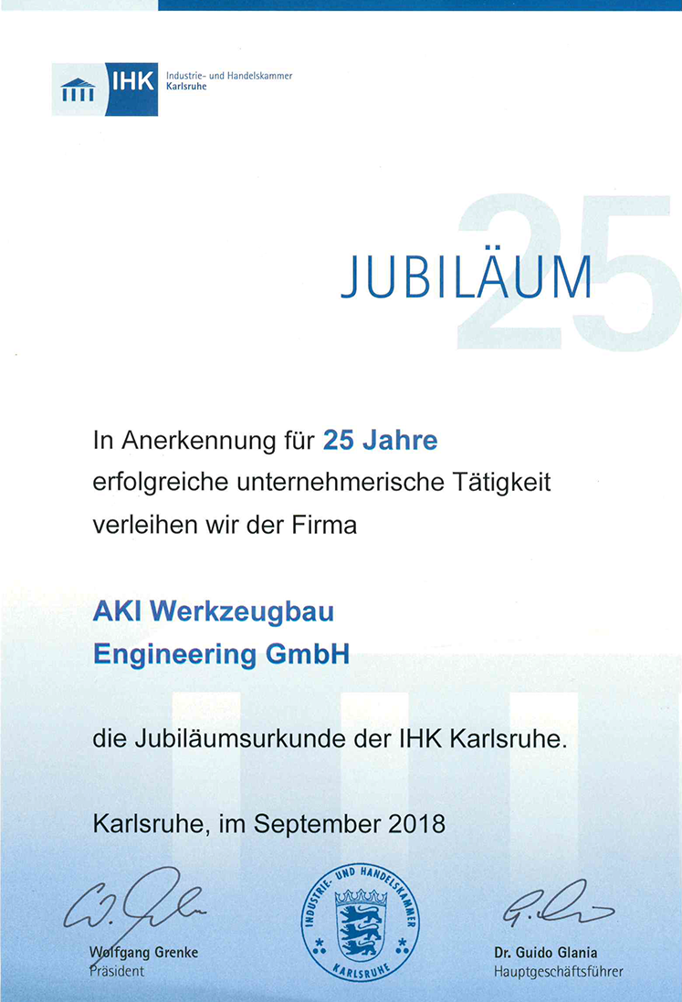 IHK Jubiläumsurkunde 25 Jahre AKI